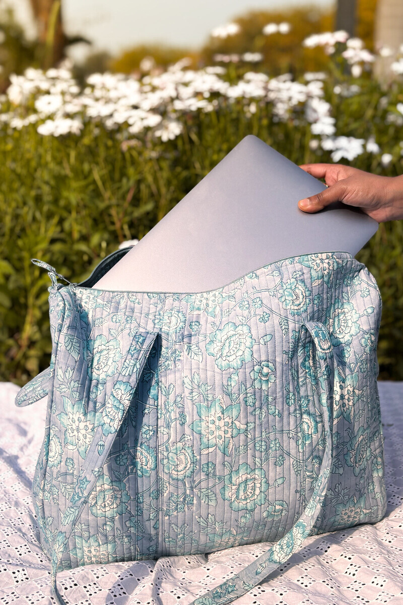 Grey Hand Block Printed Cotton Holdall Bag