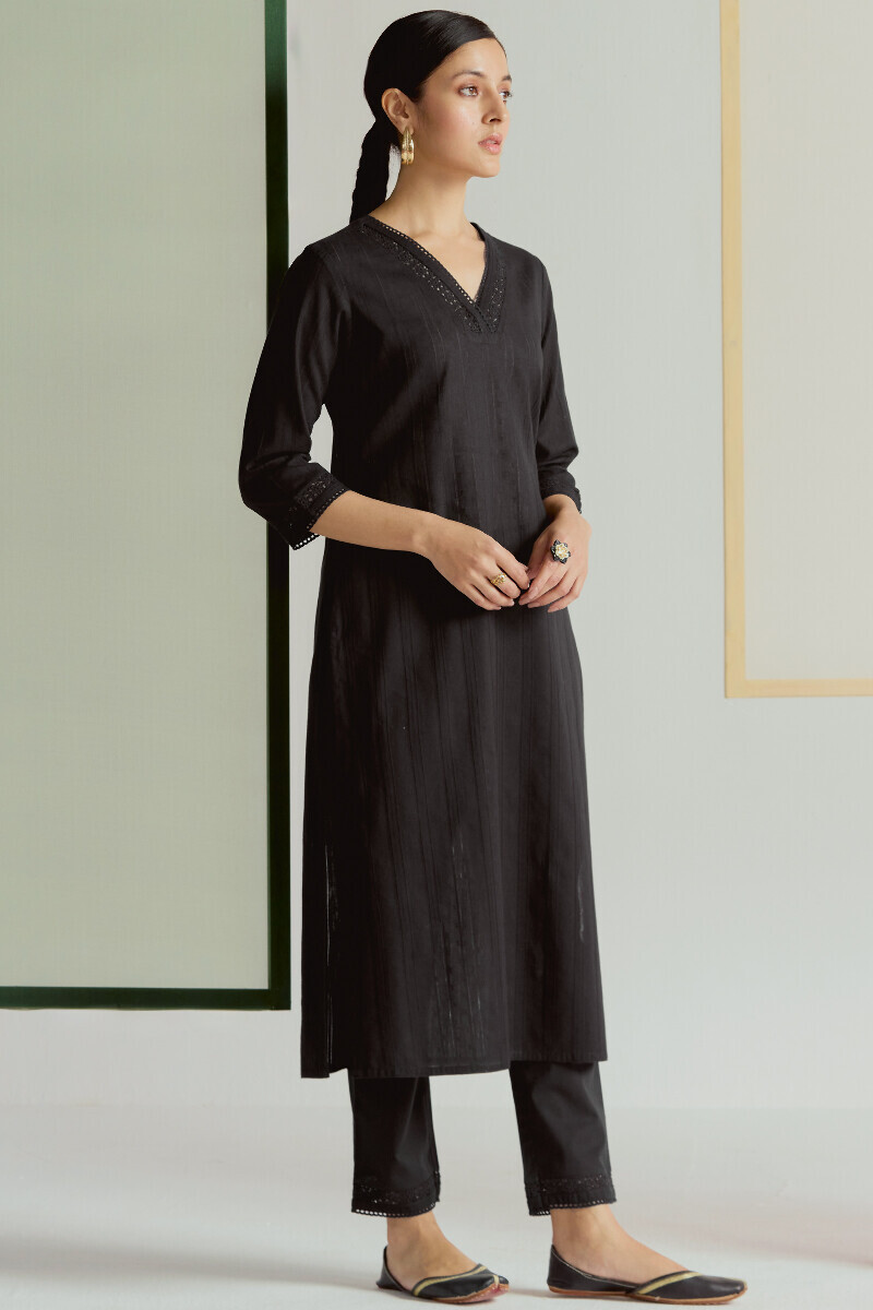 Black Handcrafted Straight Cotton Dobby Kurta