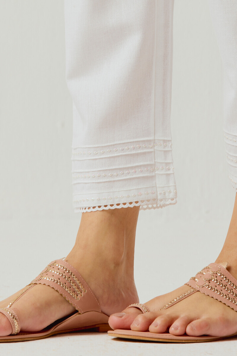 White Handcrafted Cotton Flax Narrow Pants