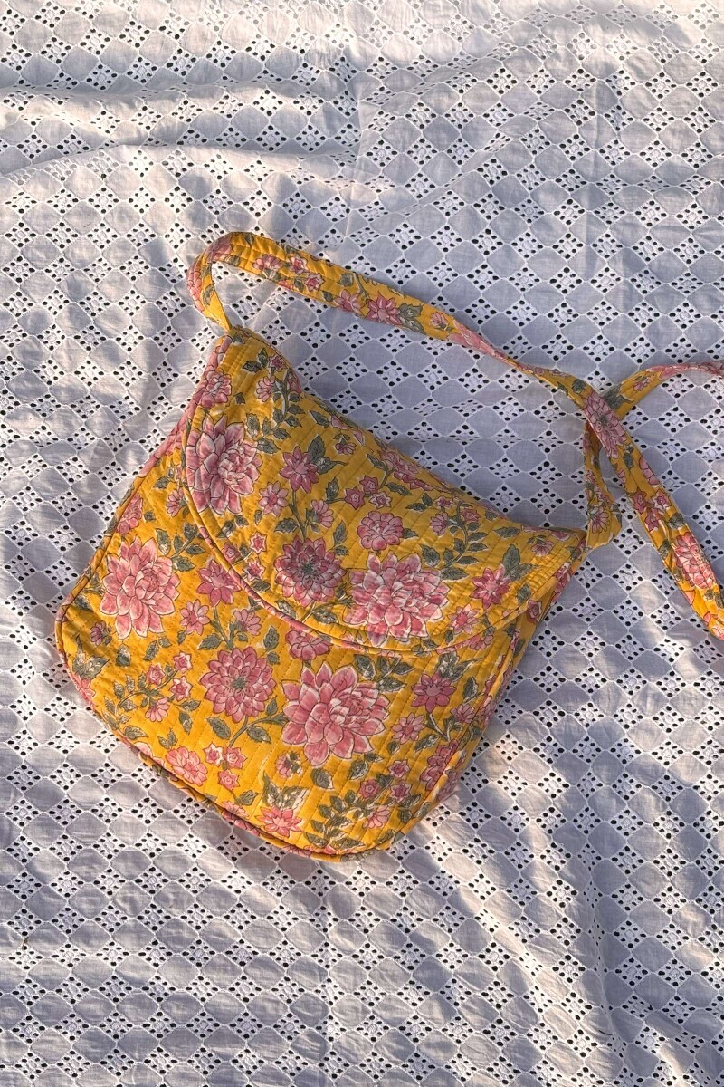 Yellow Hand Block Printed Cotton Cross Body Bag
