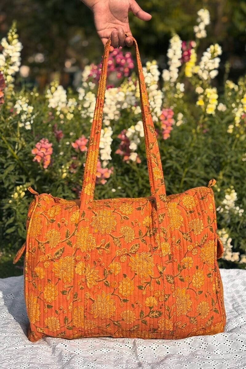 Peach Hand Block Printed Cotton Holdall Bag