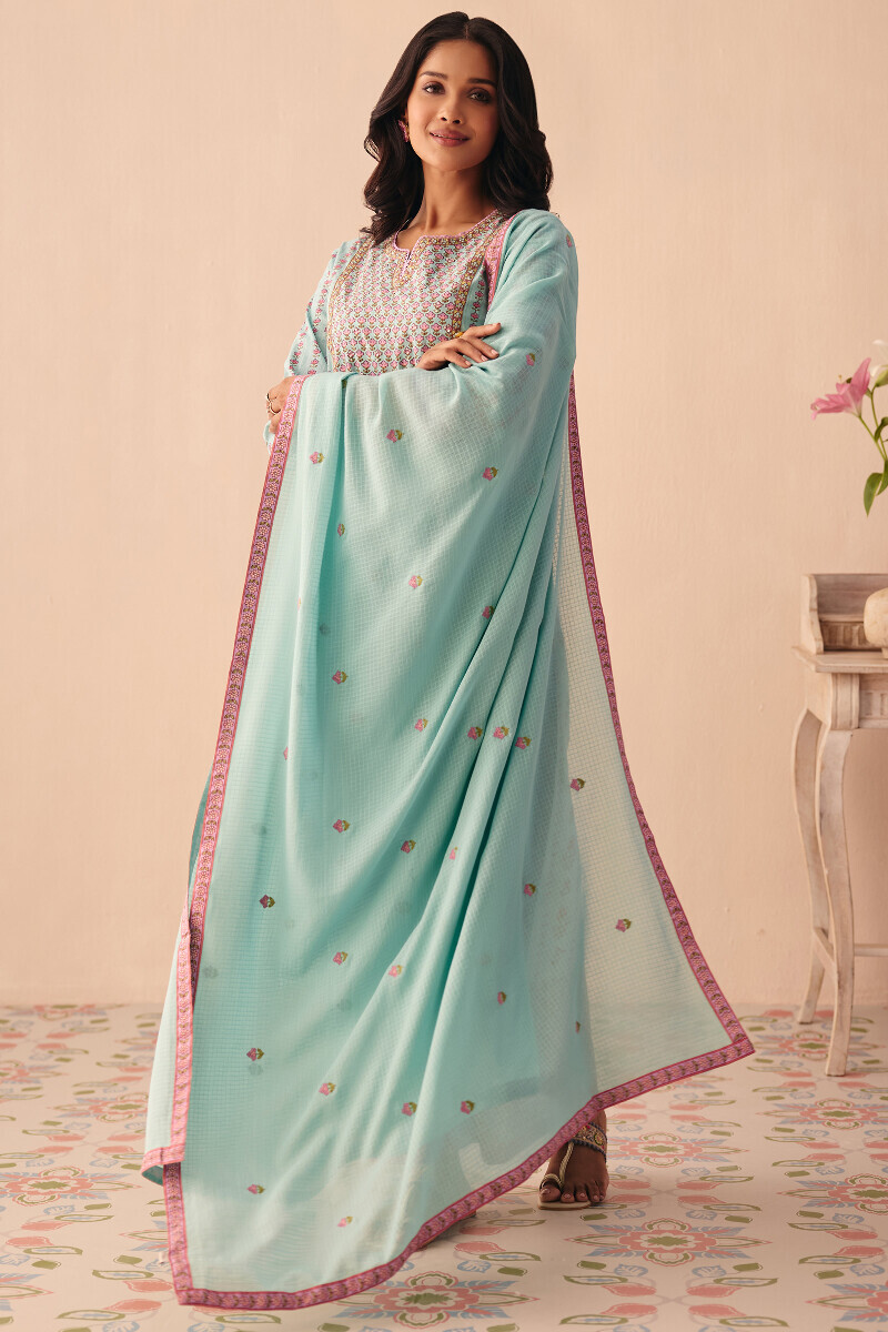 Blue Hand Printed Straight Cotton Kurta