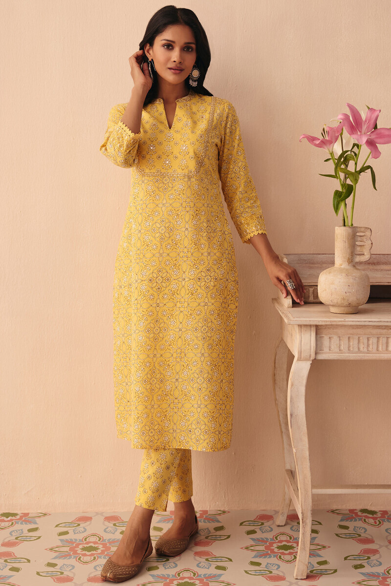Yellow Hand Printed Straight Cotton Kurta