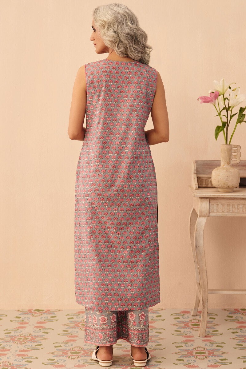 Grey Hand Printed Straight Cotton Slub Kurta