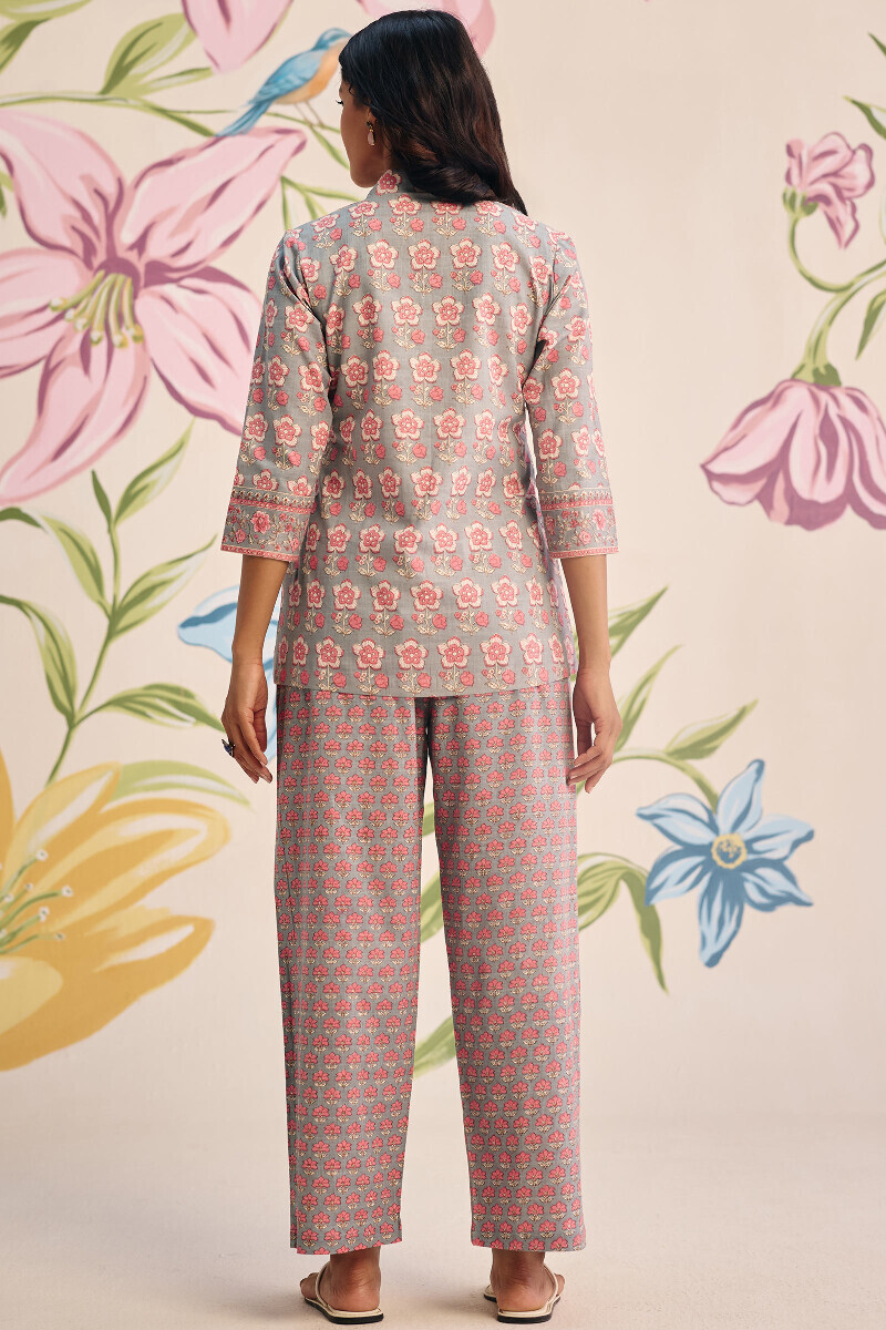 Grey Hand Printed Cotton Slub Loungewear Set