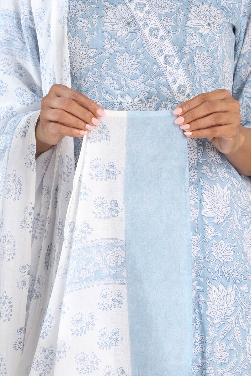 White Hand Block-Printed Cotton Dupatta