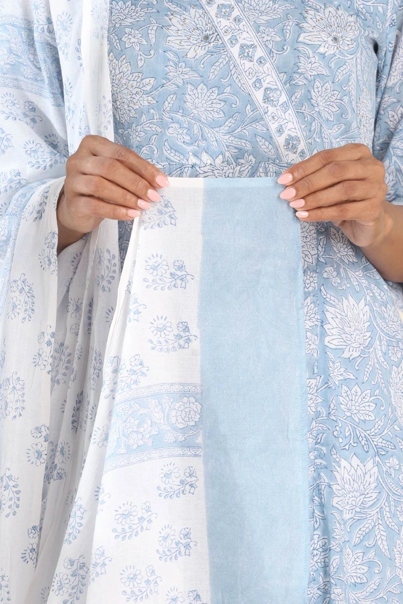 White Hand Block-Printed Cotton Dupatta