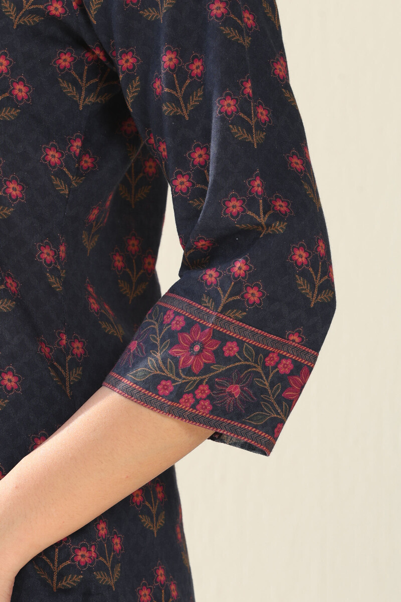 Navy Blue Printed Straight Cotton Kurta