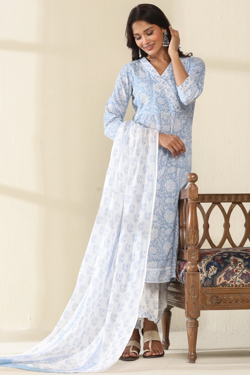 White Hand Block-Printed Cotton Dupatta