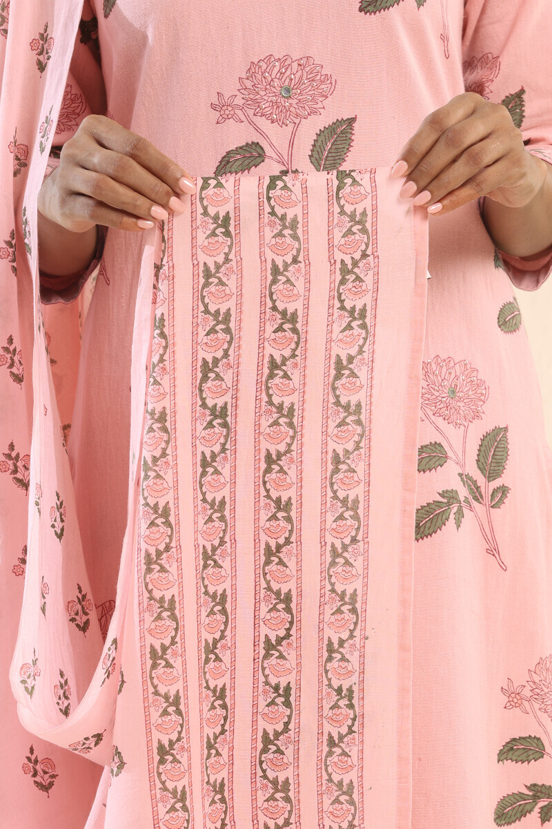 Pink Hand Block Printed Cotton Mul Dupatta