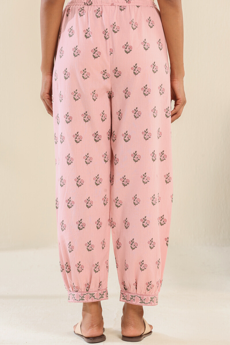 Pink Hand Block Printed Cotton Flax Izhaar Pants