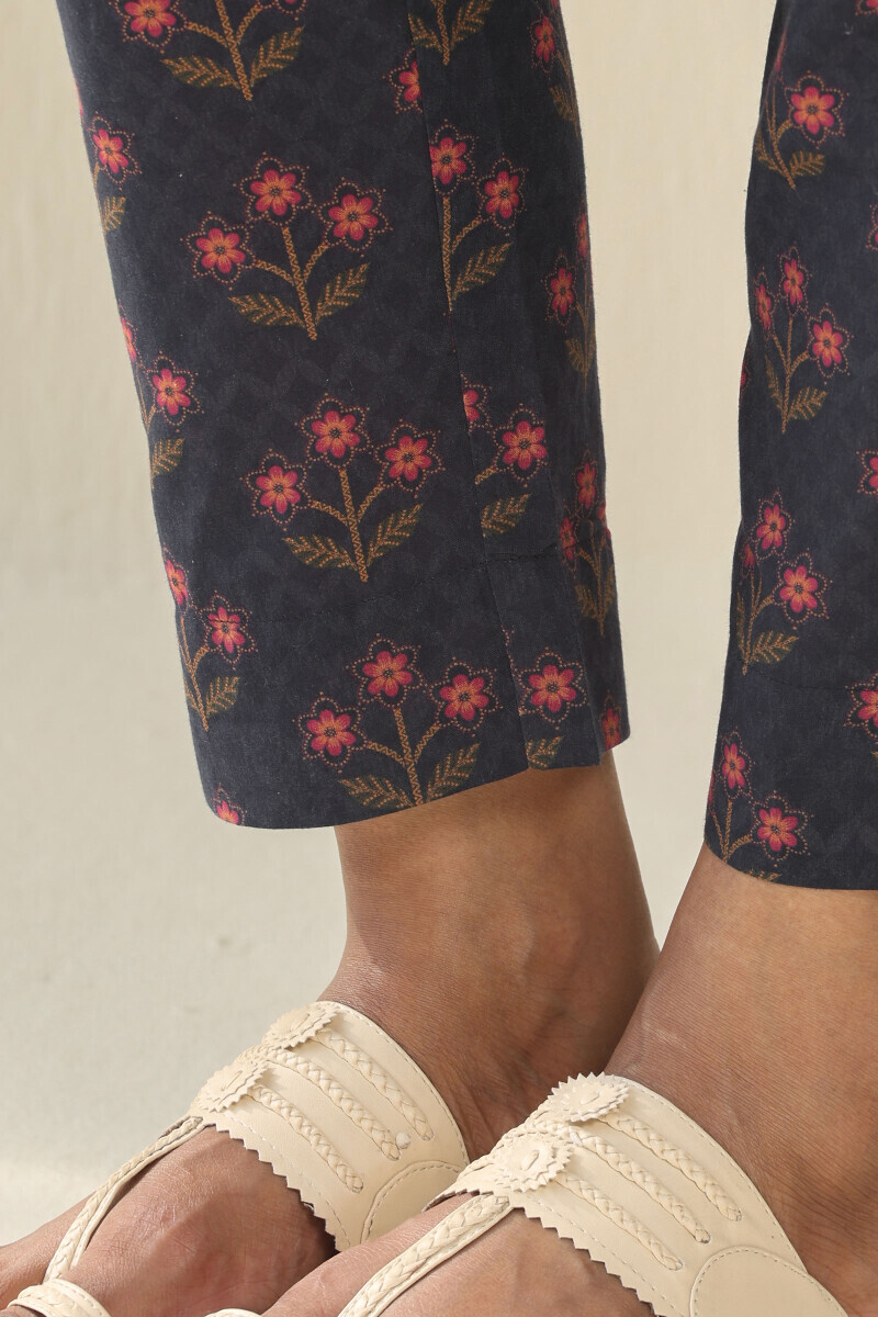 Navy Blue Printed Cotton Narrow Pants