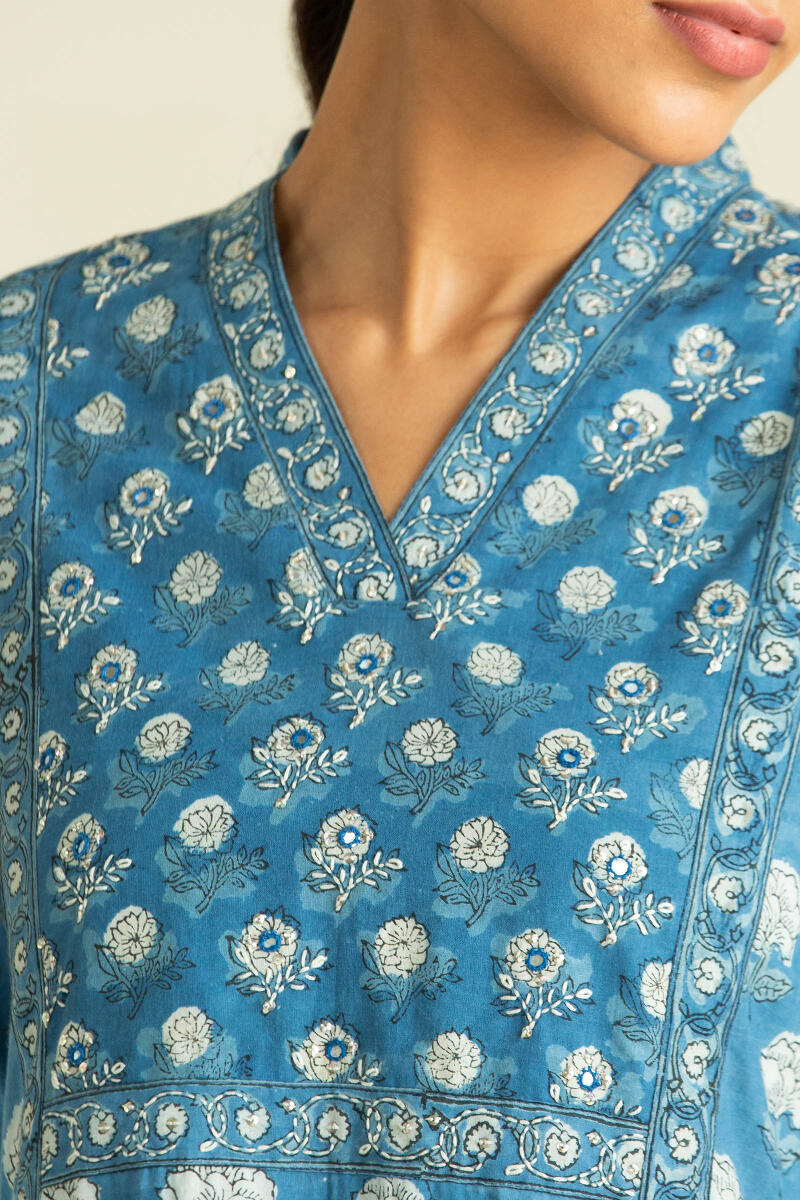 Indigo Block Printed A-Line Cotton Kurta