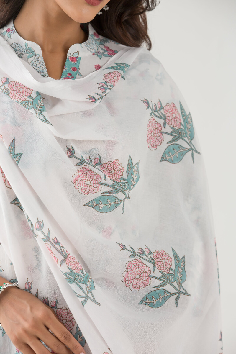 White Hand Block Printed Cotton Dupatta