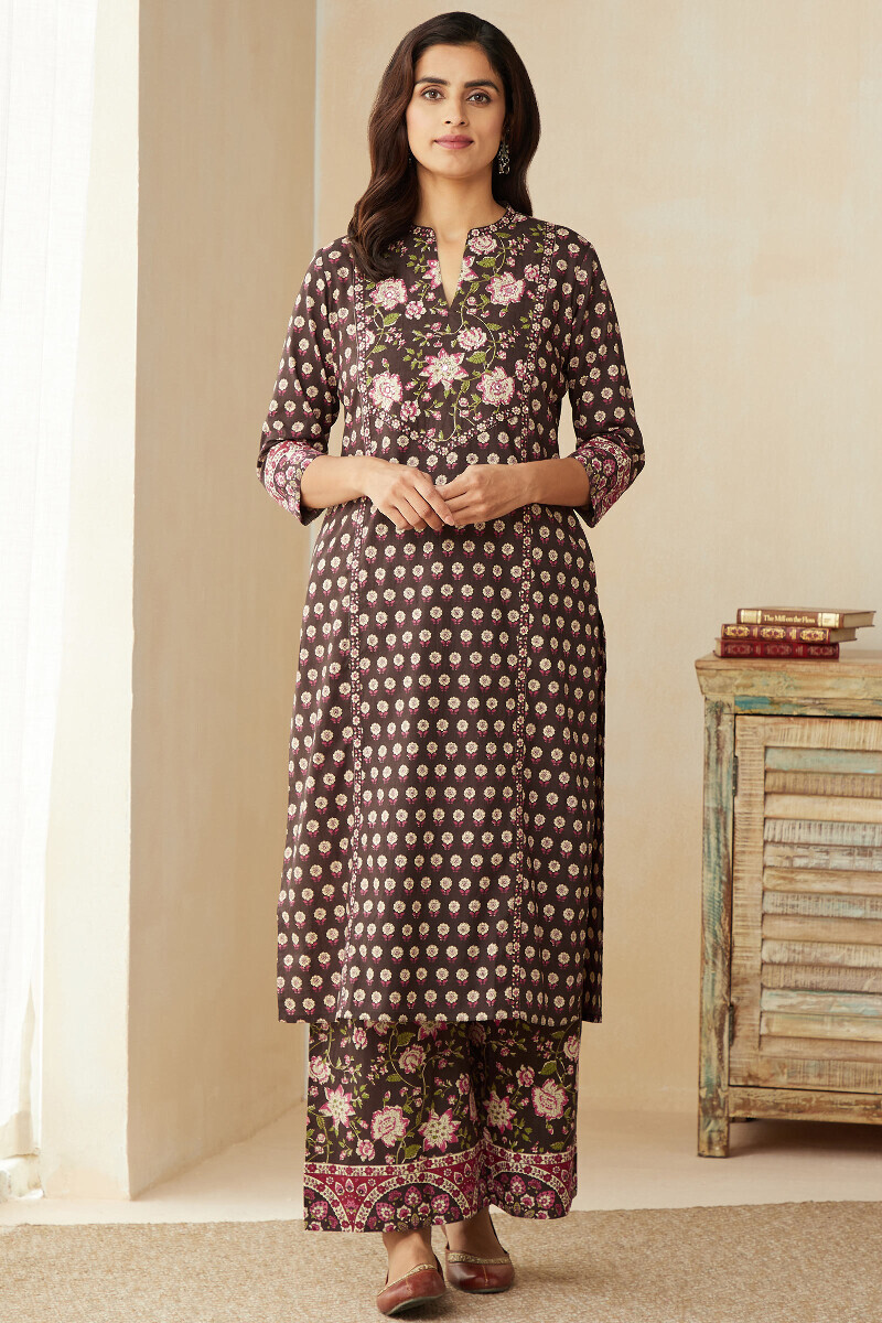 Brown Hand Printed Straight Cotton Kurta