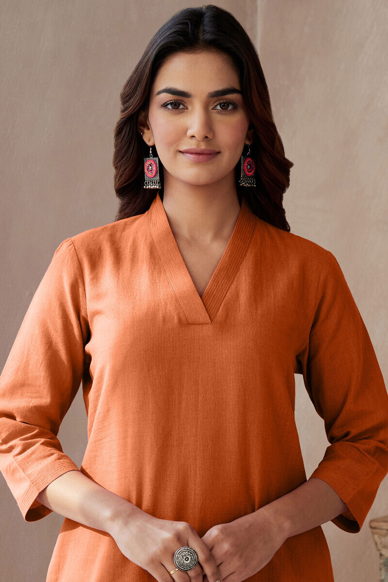 Burnt Orange Handcrafted Straight Cotton Flax Kurta