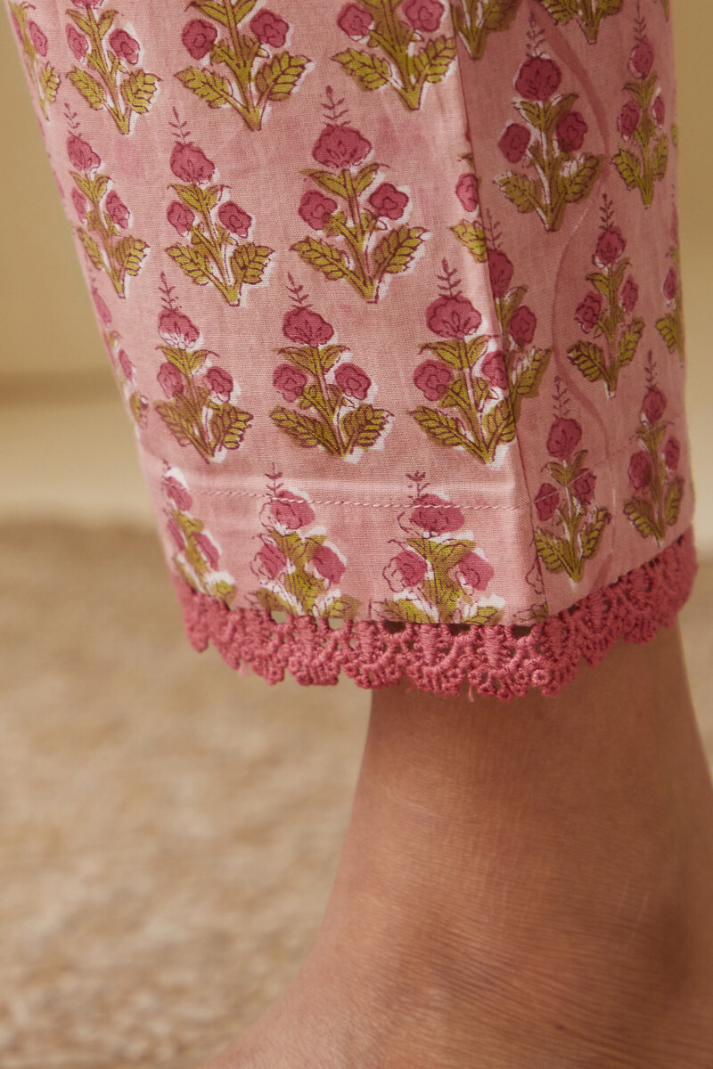 Pink Hand Block-Printed Cotton Narrow Pants