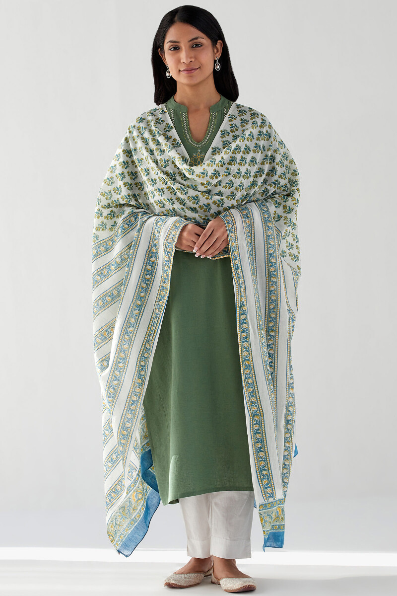 White Hand Block Printed Cotton Mul Dupatta