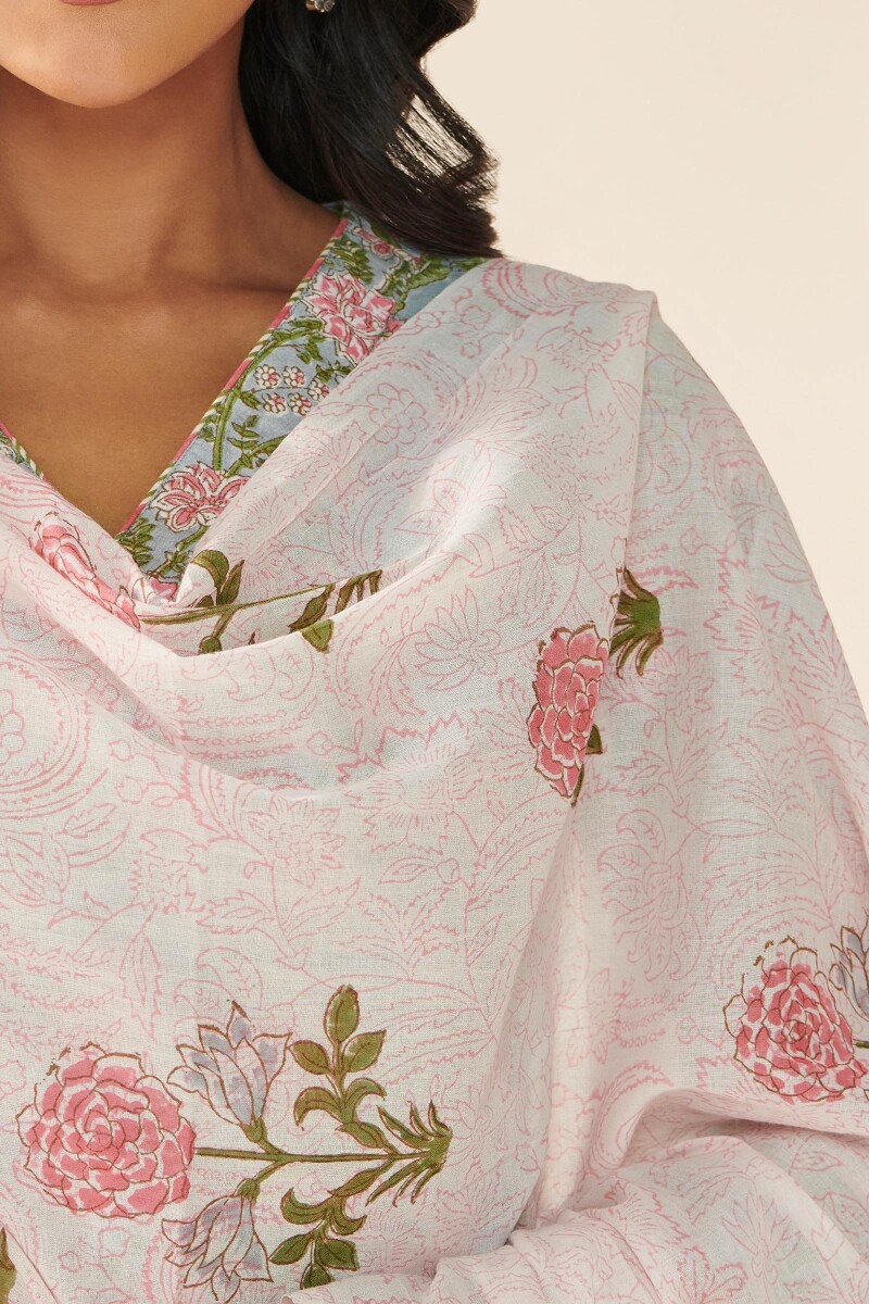 Off-White Hand Block Printed Cotton Mul Dupatta