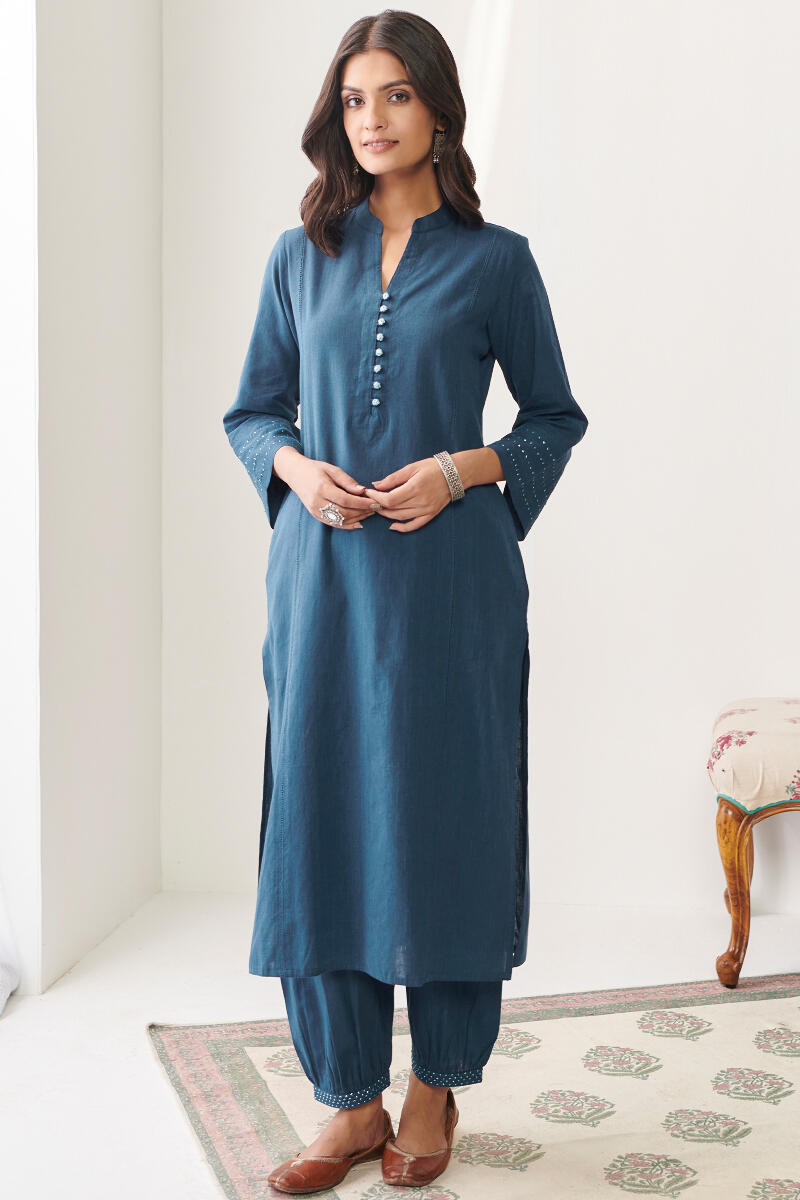 Blue Handcrafted Straight Cotton Kurta