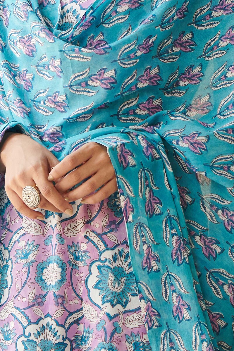 Blue Hand Block Printed Cotton Dupatta