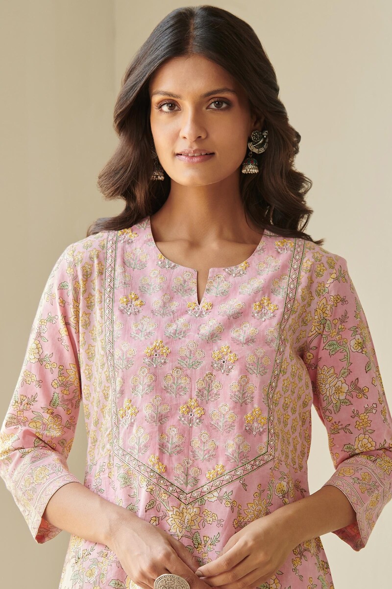 Pink Hand Block Printed Straight Cotton Kurta