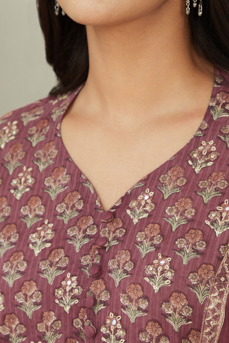 Maroon Hand Block Printed Straight Cotton Kurta