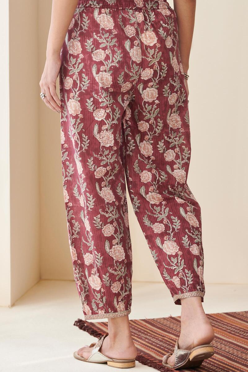 Maroon Hand Block Printed Cotton Izhaar Pants