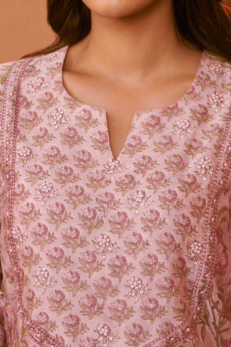 Light Pink Hand Block-Printed Straight Chanderi Kurta