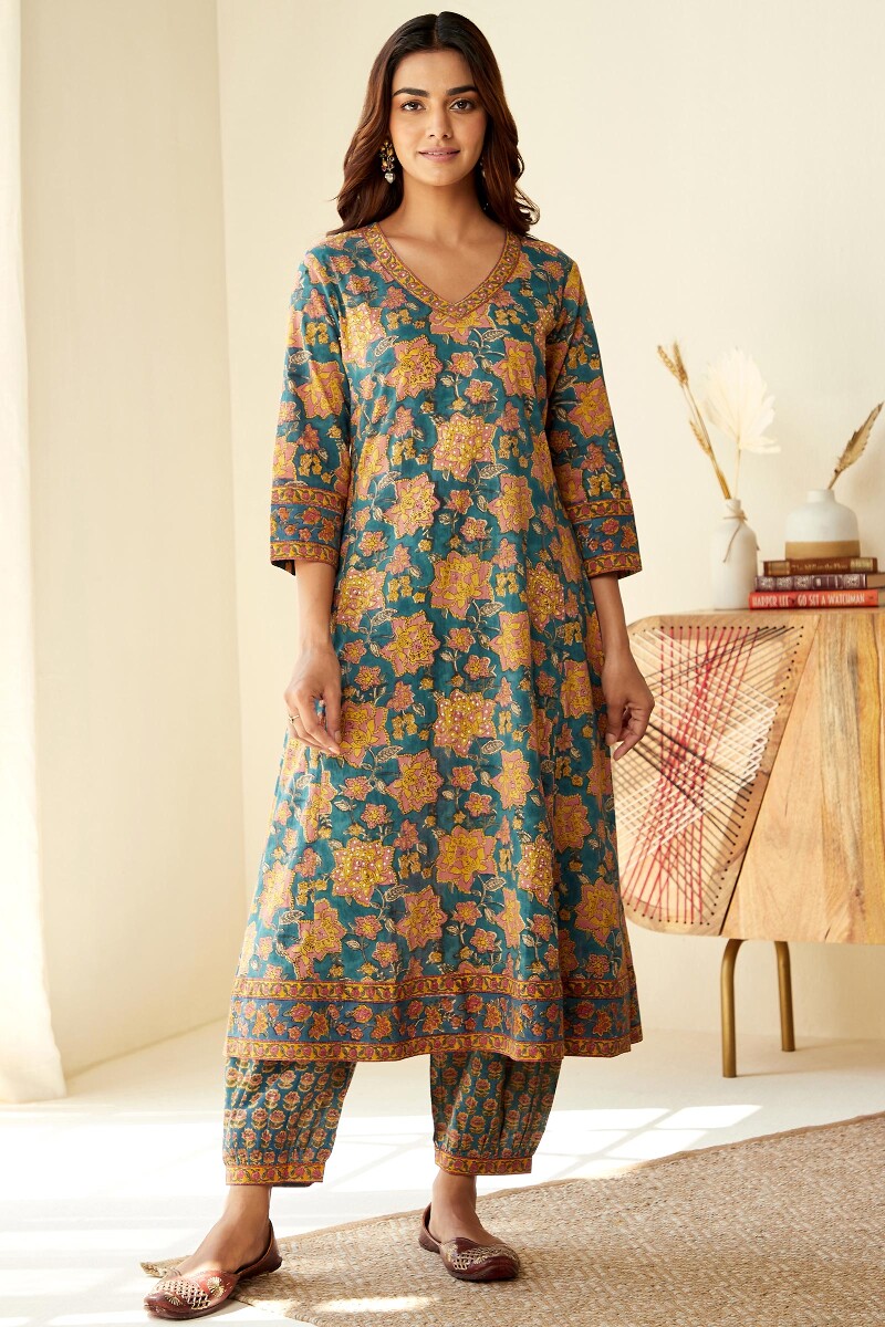 Blue Hand Block-Printed A-Line Cotton Kurta