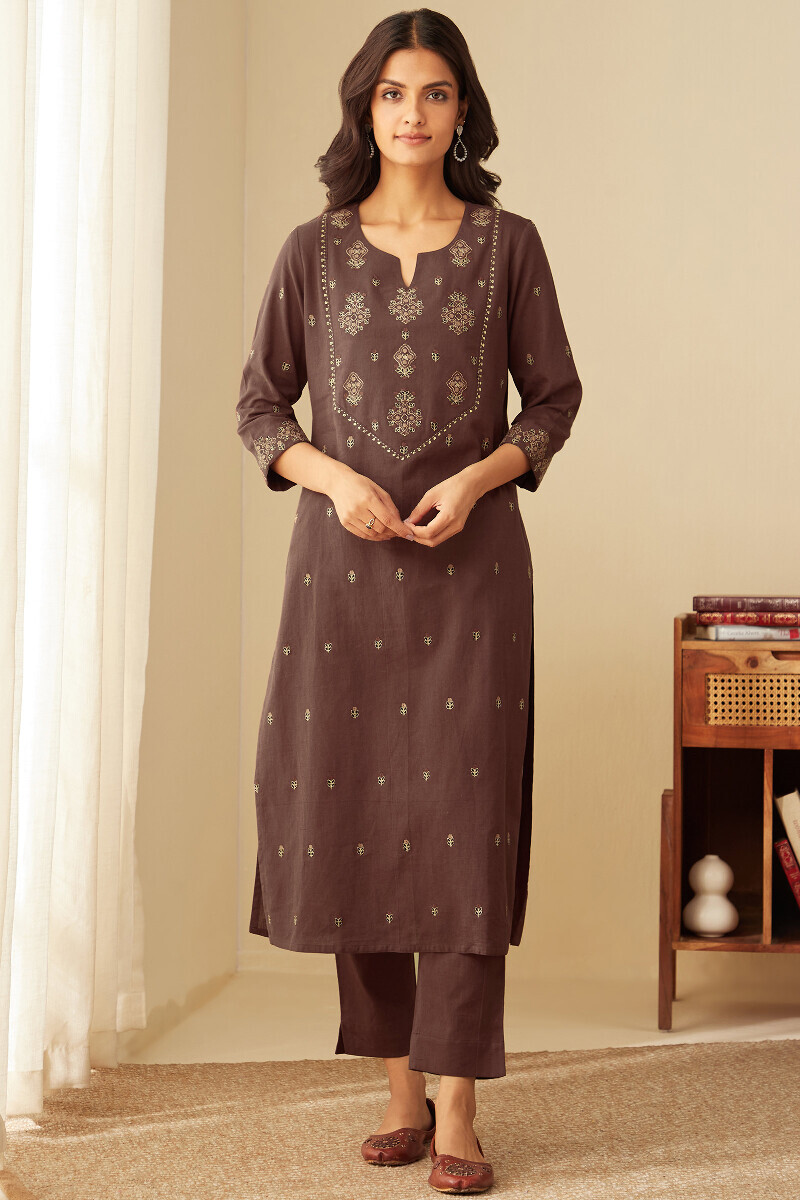 Brown Handcrafted Straight Cotton Flax Kurta