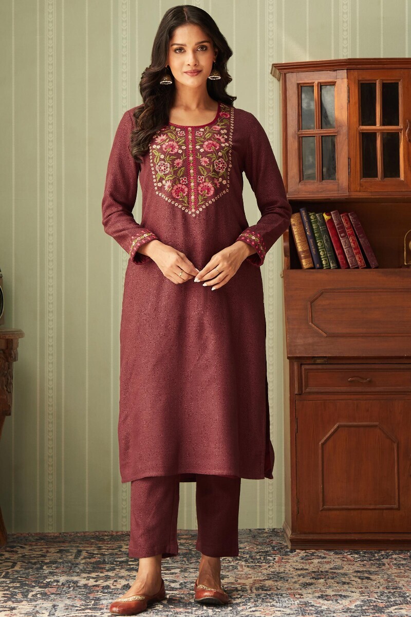 Maroon Handcrafted Straight Faux Wool Kurta