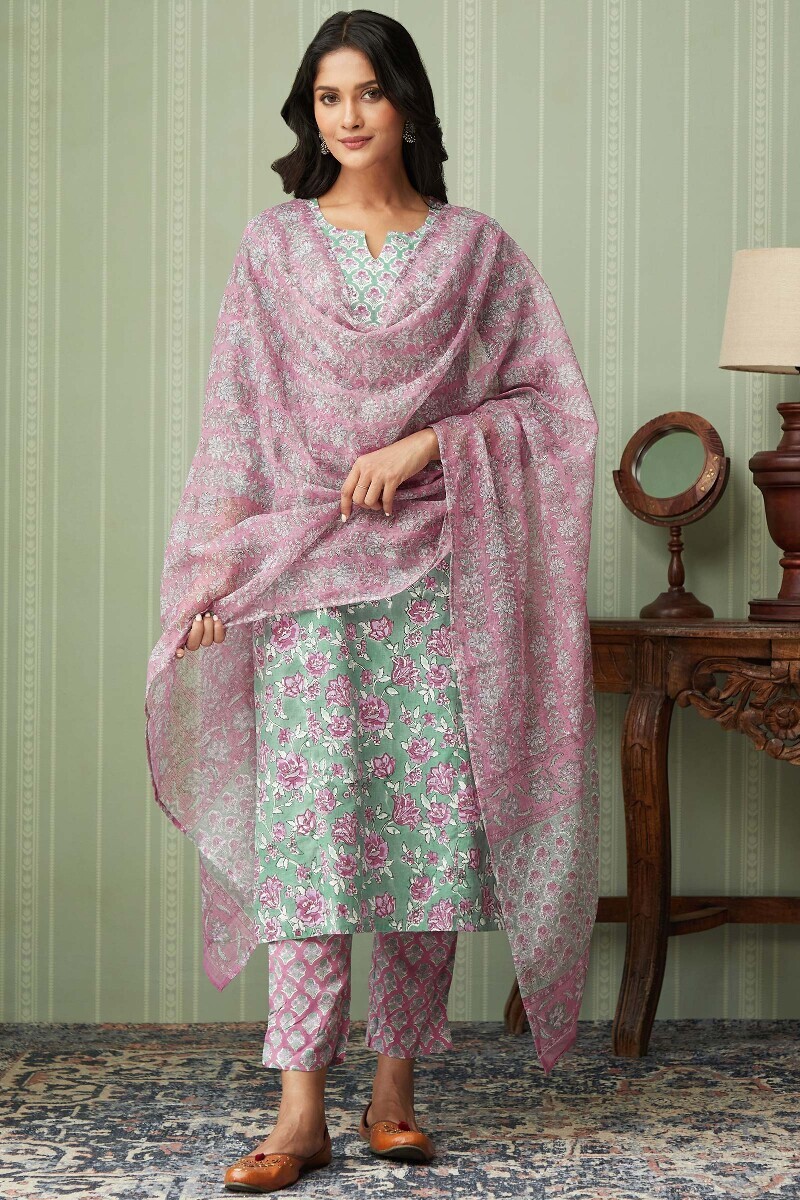 Green Hand Block-Printed Straight Cotton Kurta