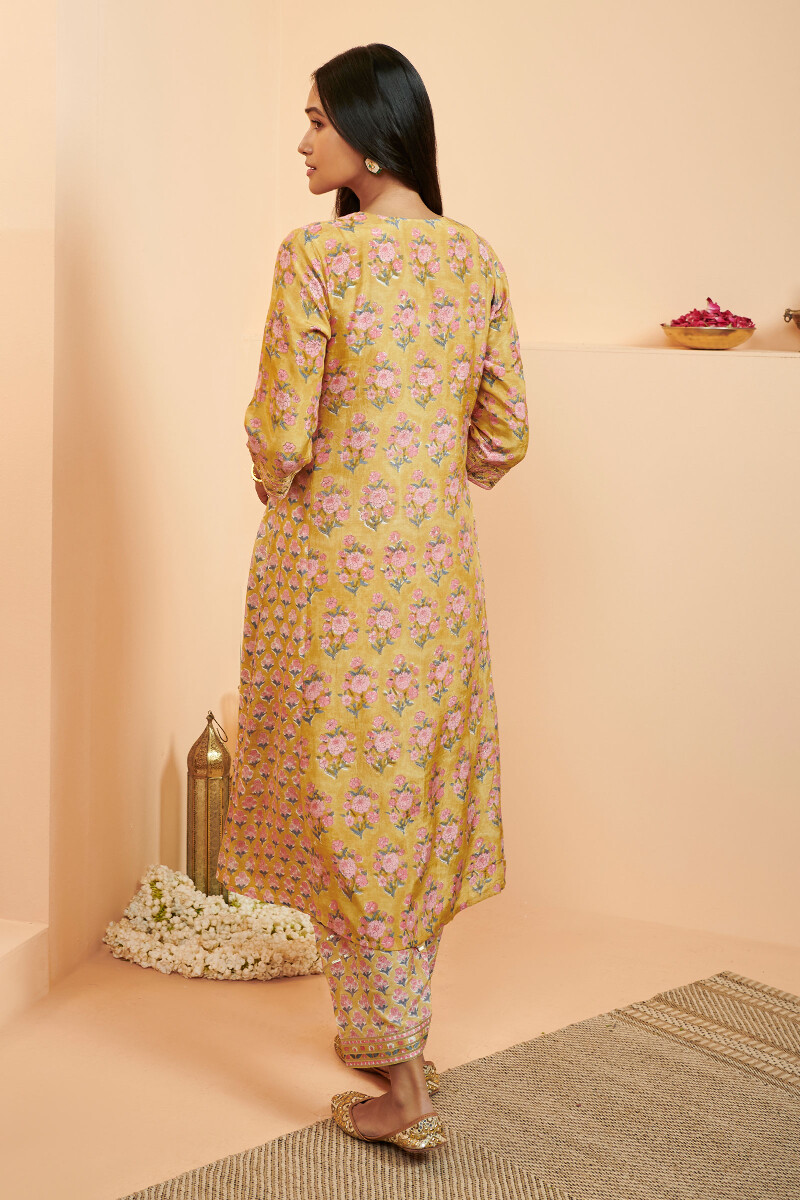 Yellow Hand Block Printed A-Line Modal Kurta