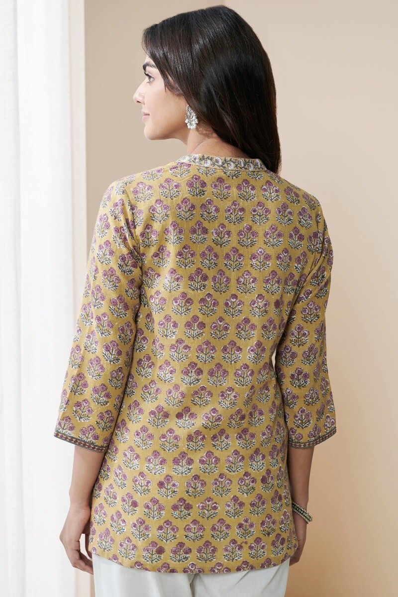 Mustard Hand Block Printed Cotton Slub Top