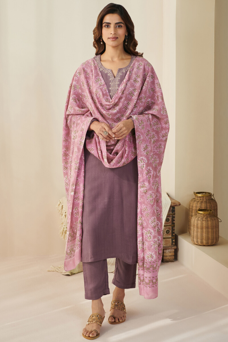 Purple Handcrafted Straight Faux Wool Kurta