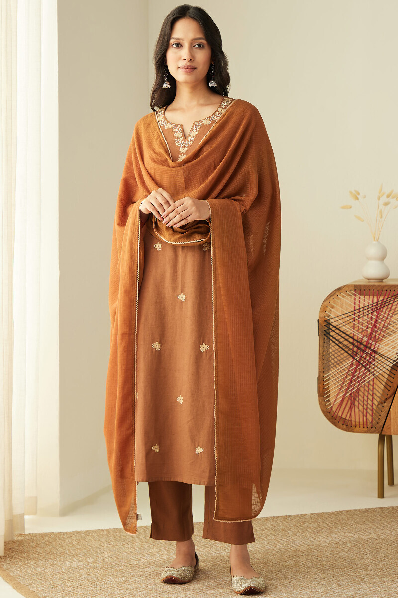 Rust Handcrafted Straight Cotton Flax Kurta