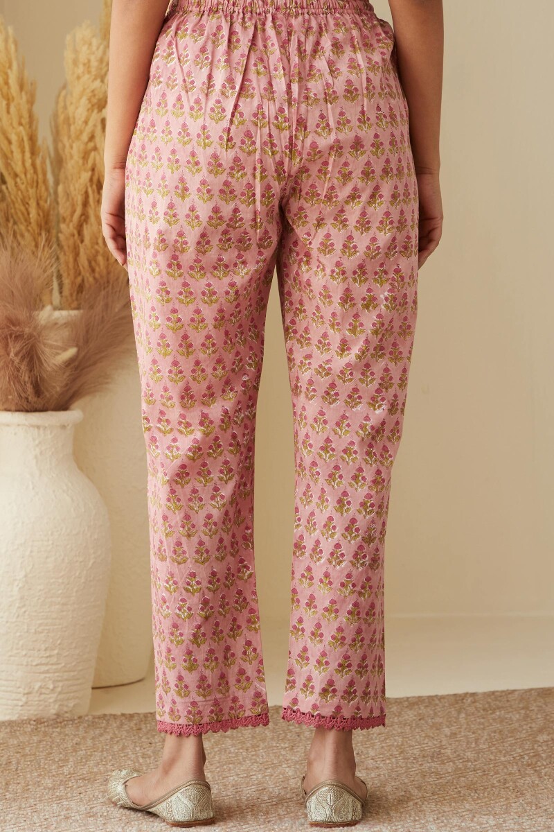 Pink Hand Block-Printed Cotton Narrow Pants