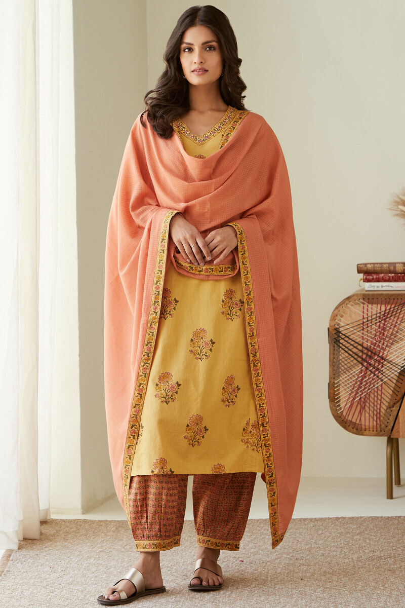 Mustard Hand Block-Printed Straight Cotton Kurta