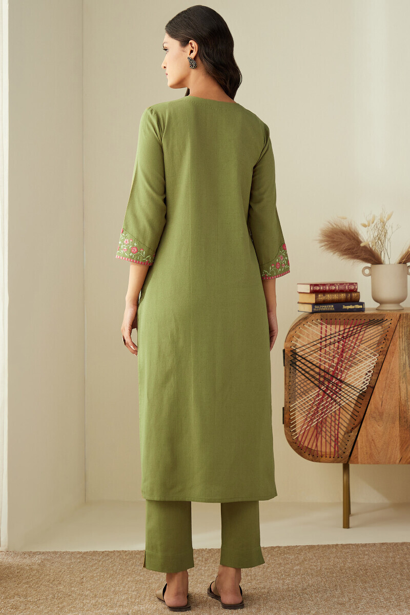 Green Handcrafted Straight Cotton Flax Kurta