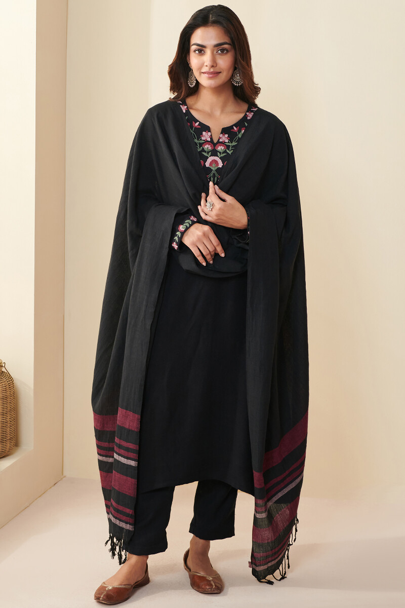 Black Hand Block Printed Cotton Viscose Dupatta