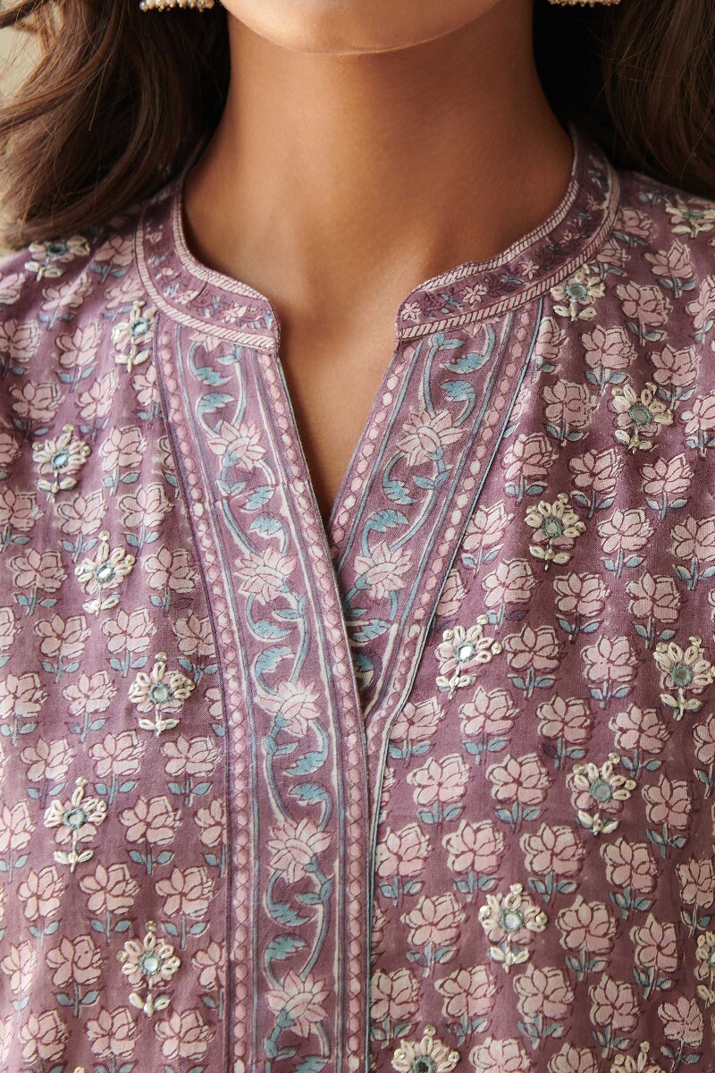 Purple Hand Block-Printed A-Line Cotton Kurta