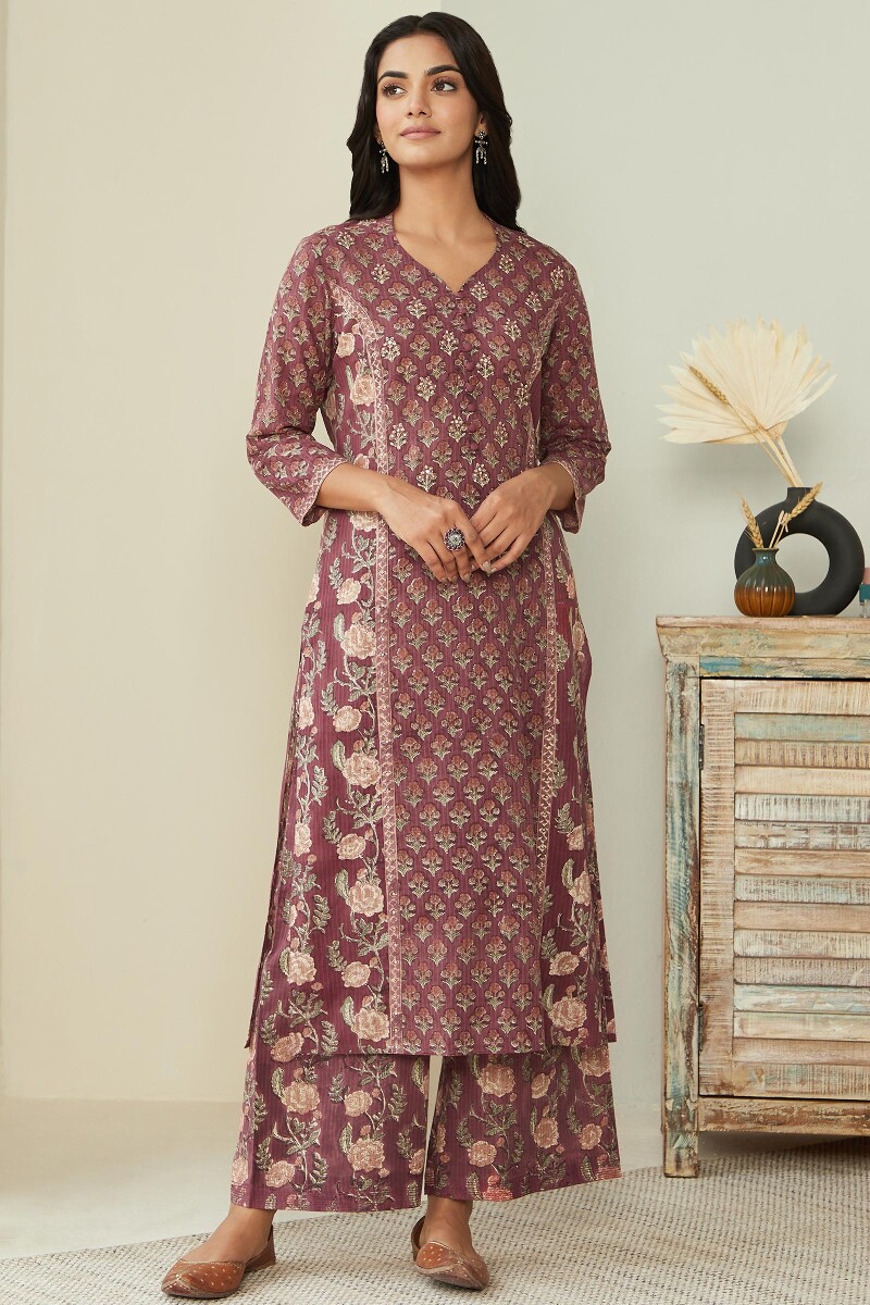 Maroon Hand Block Printed Straight Cotton Kurta