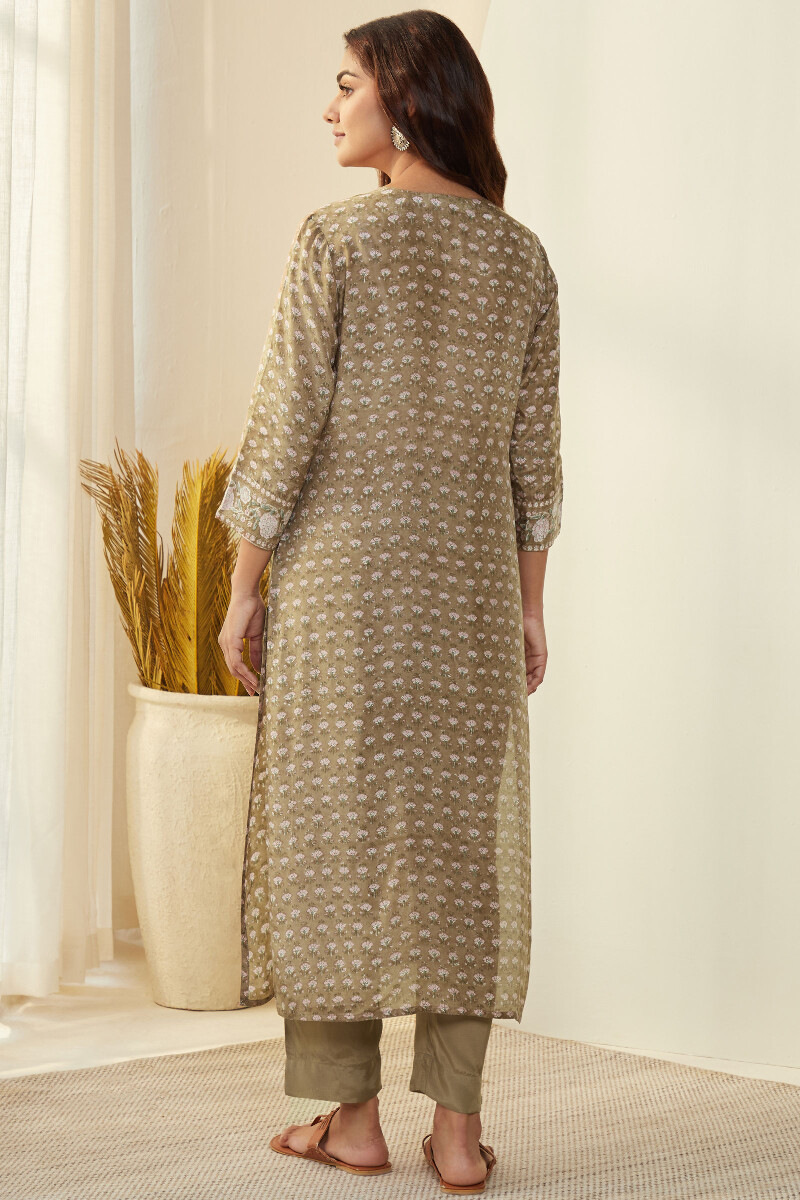 Brown Hand Block-Printed Straight Modal Kurta