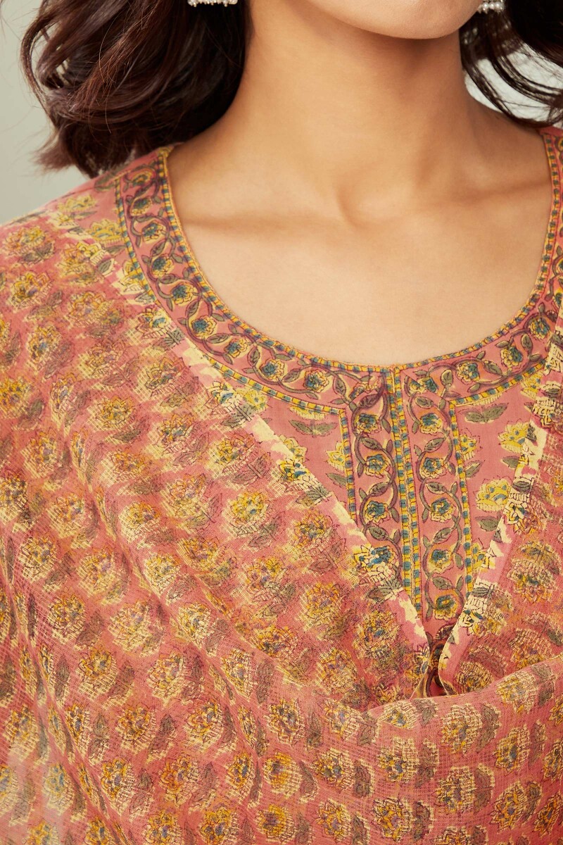 Peach Hand Block-Printed Kota Dupatta