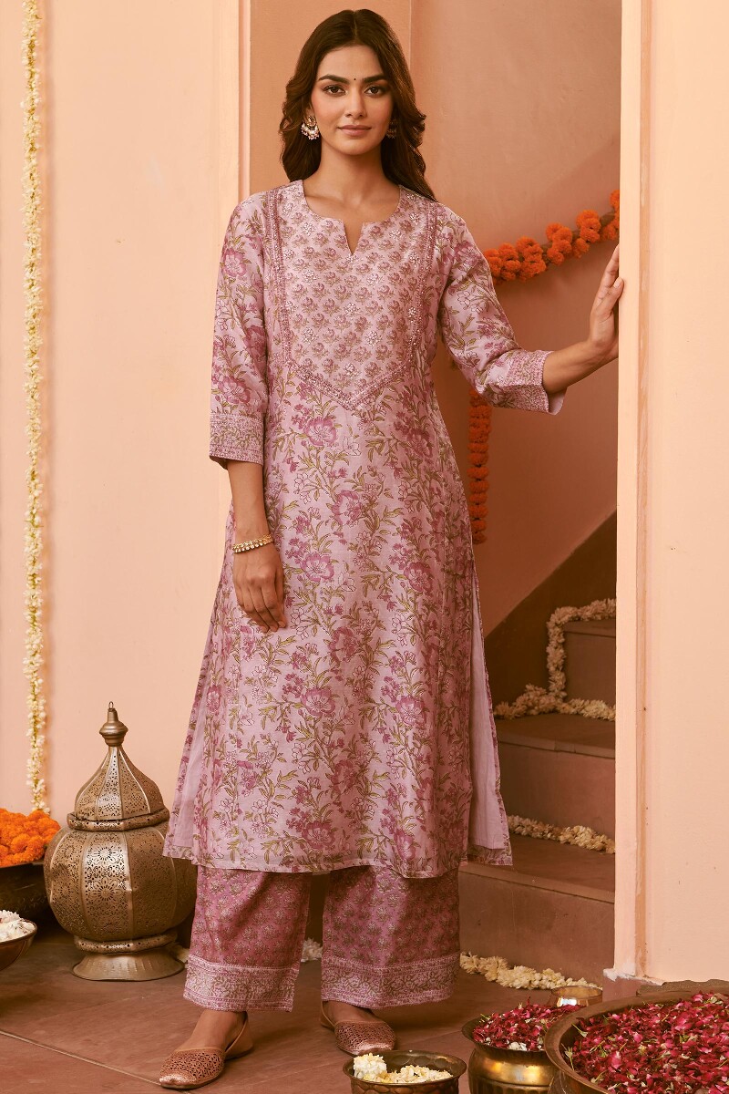 Light Pink Hand Block-Printed Straight Chanderi Kurta