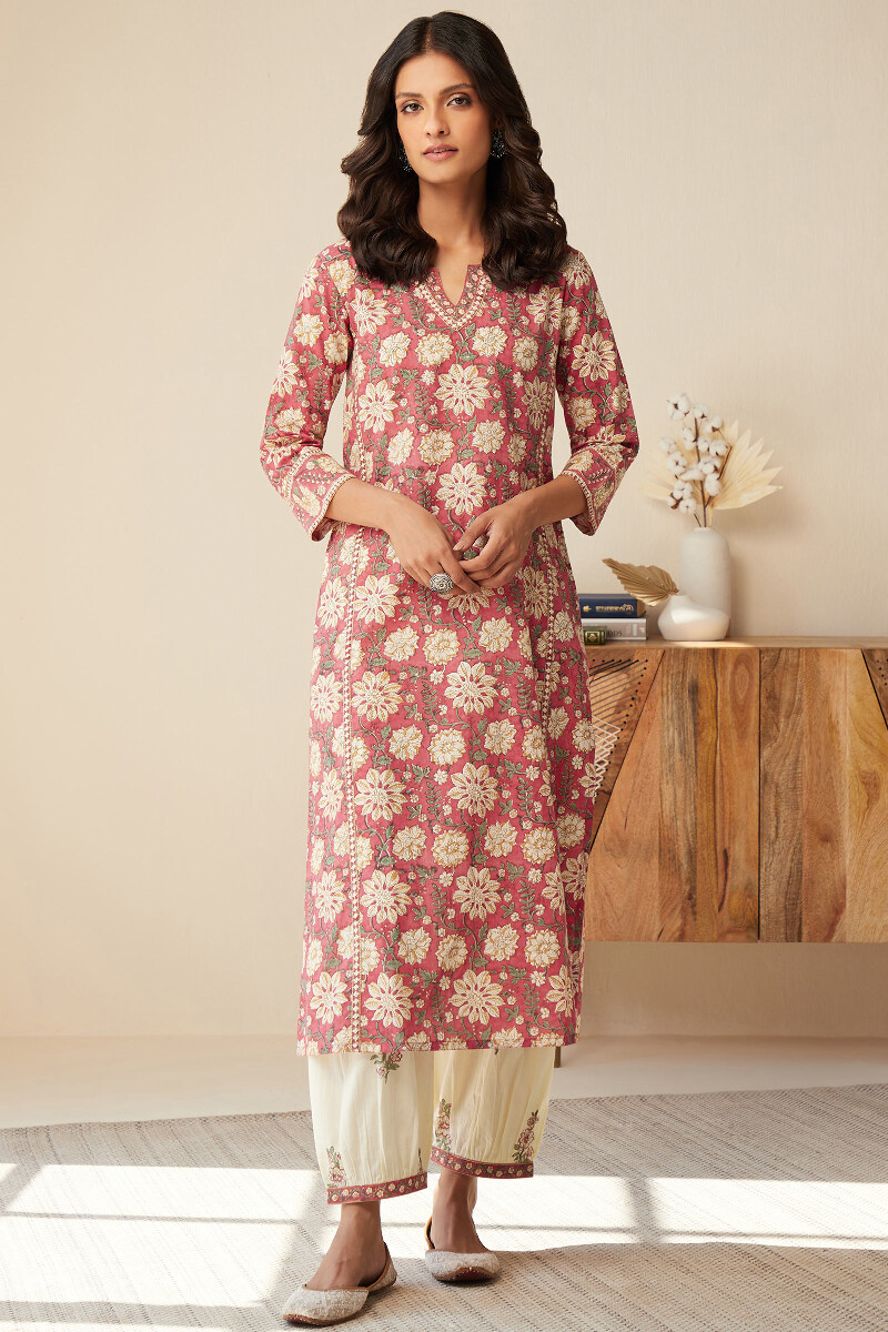 Pink Hand Block-Printed Straight Cotton Kurta