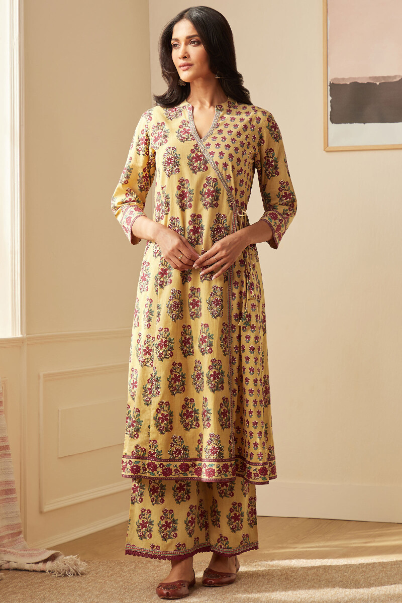 Yellow Hand Printed Angrakha Cotton Kurta