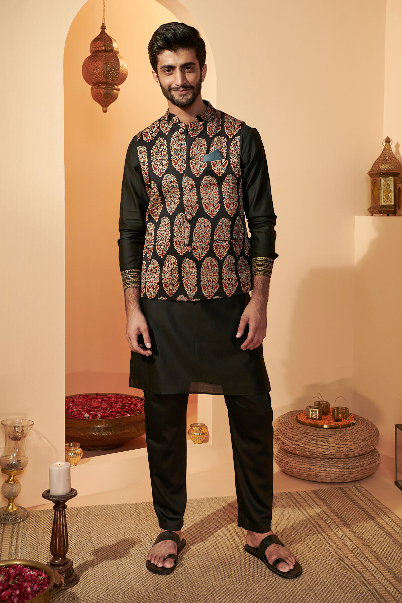 Black Hand Block Printed Modal Nehru Jacket