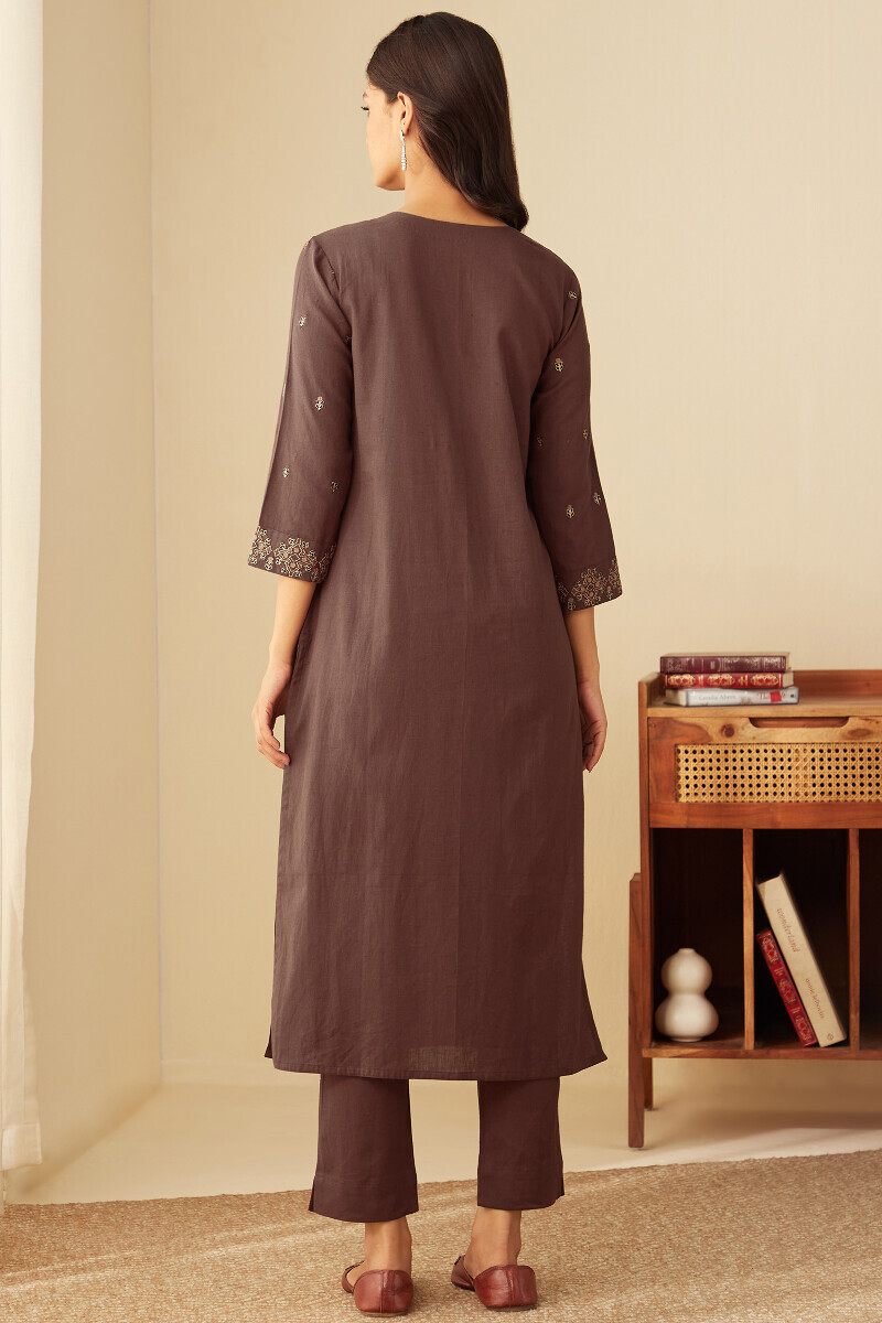 Brown Handcrafted Straight Cotton Flax Kurta